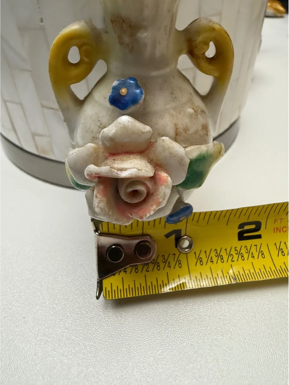 Vintage Occupied Japan Mini Vase Applied Flowers Double Handle 4”